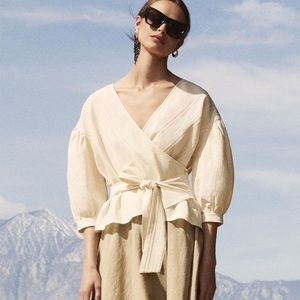 Zara Textured Wrap Top, Puffy Sleeves, Cream Beige